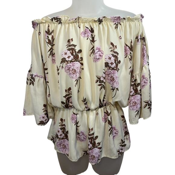 Off Shoulder Floral Peplum Blouse S Cottagecore Feminine Boho Ruffle Pastel Top - Picture 2 of 12